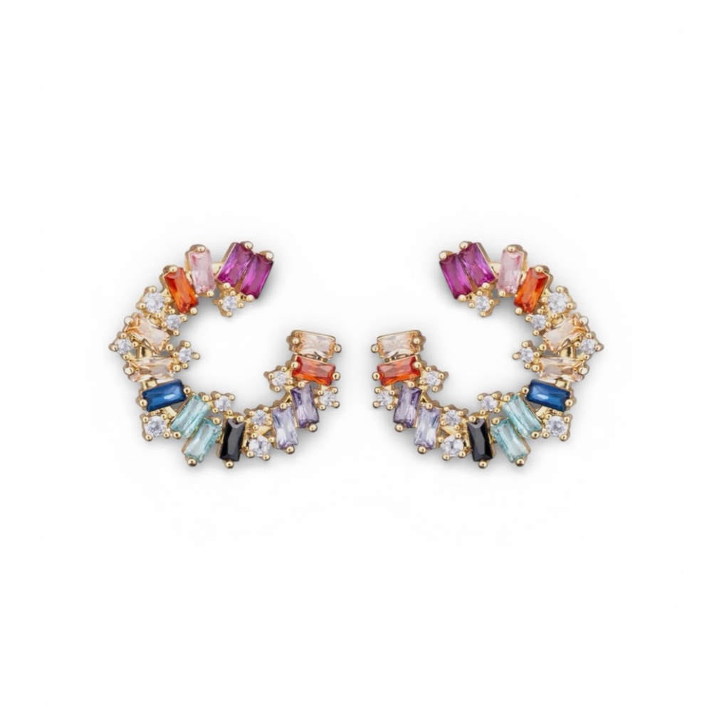 Amanda Blu Multi-Color CZ Open Circle Earrings | Gold Tone Rainbow Studs